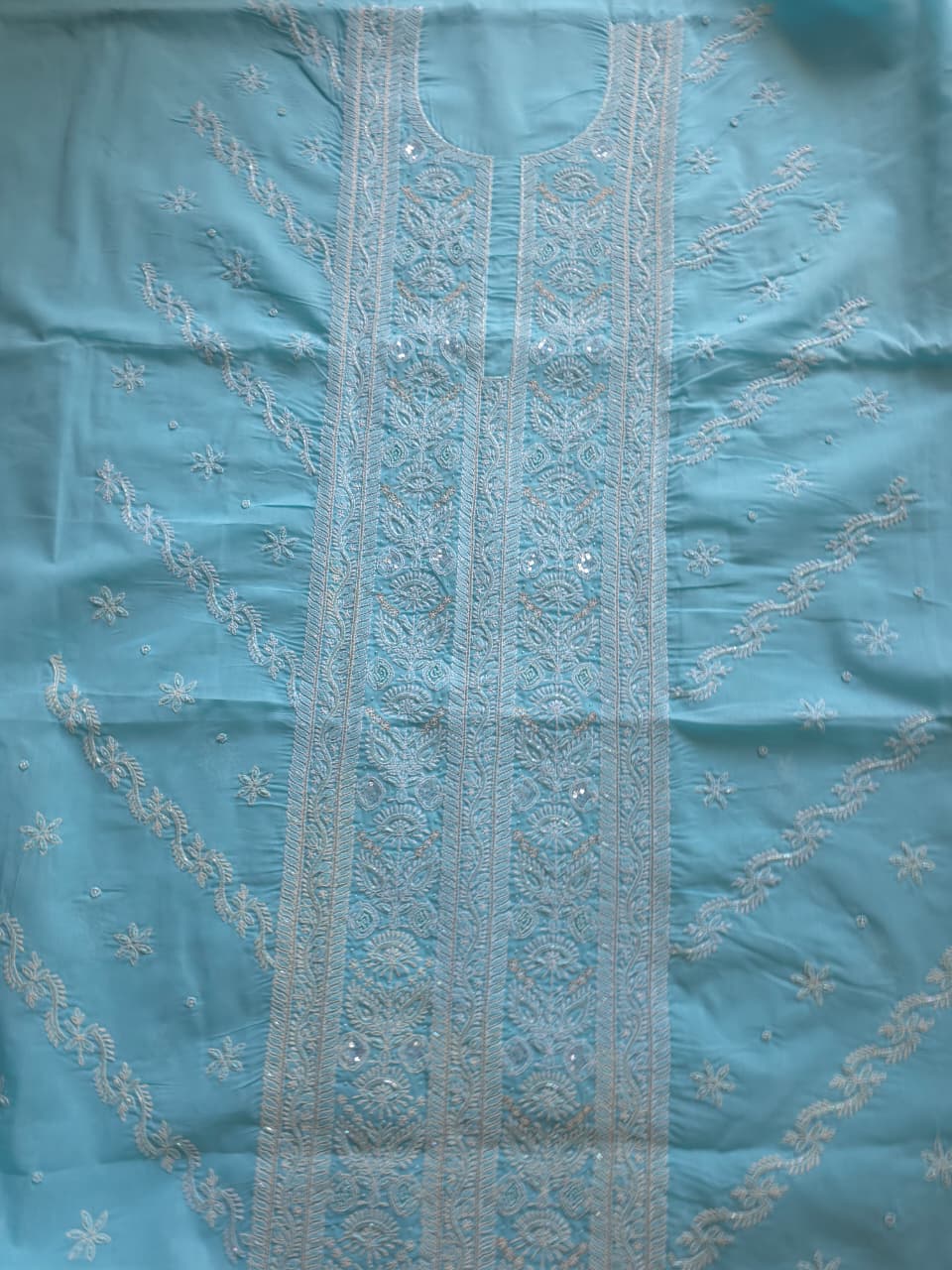 Sky blue Cotton full set with fine handwork and embellishments