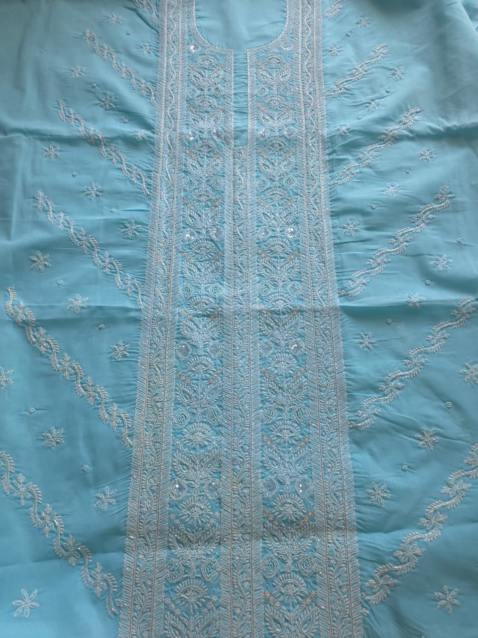 Sky blue Cotton full set with fine handwork and embellishments