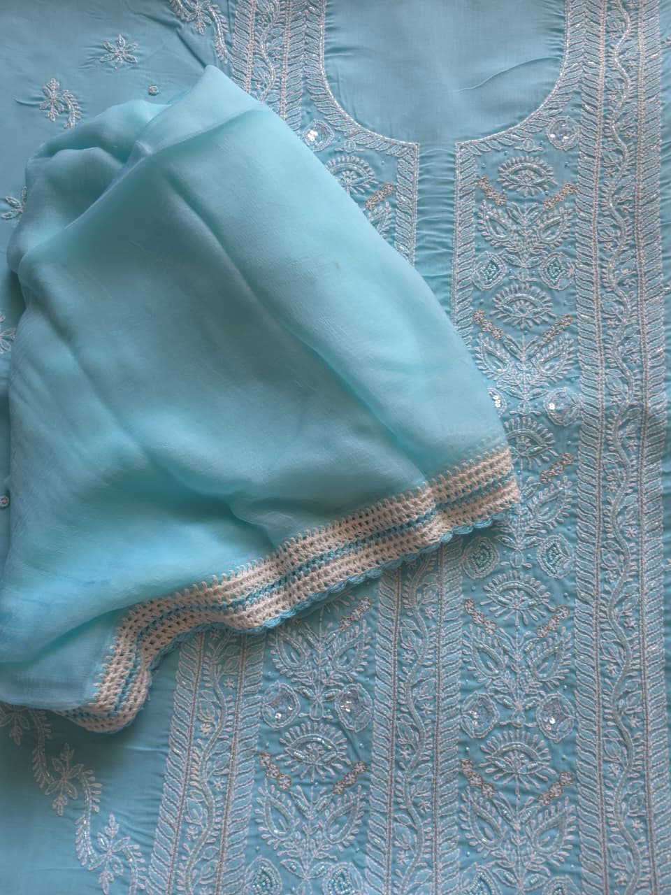 Sky blue Cotton full set with fine handwork and embellishments
