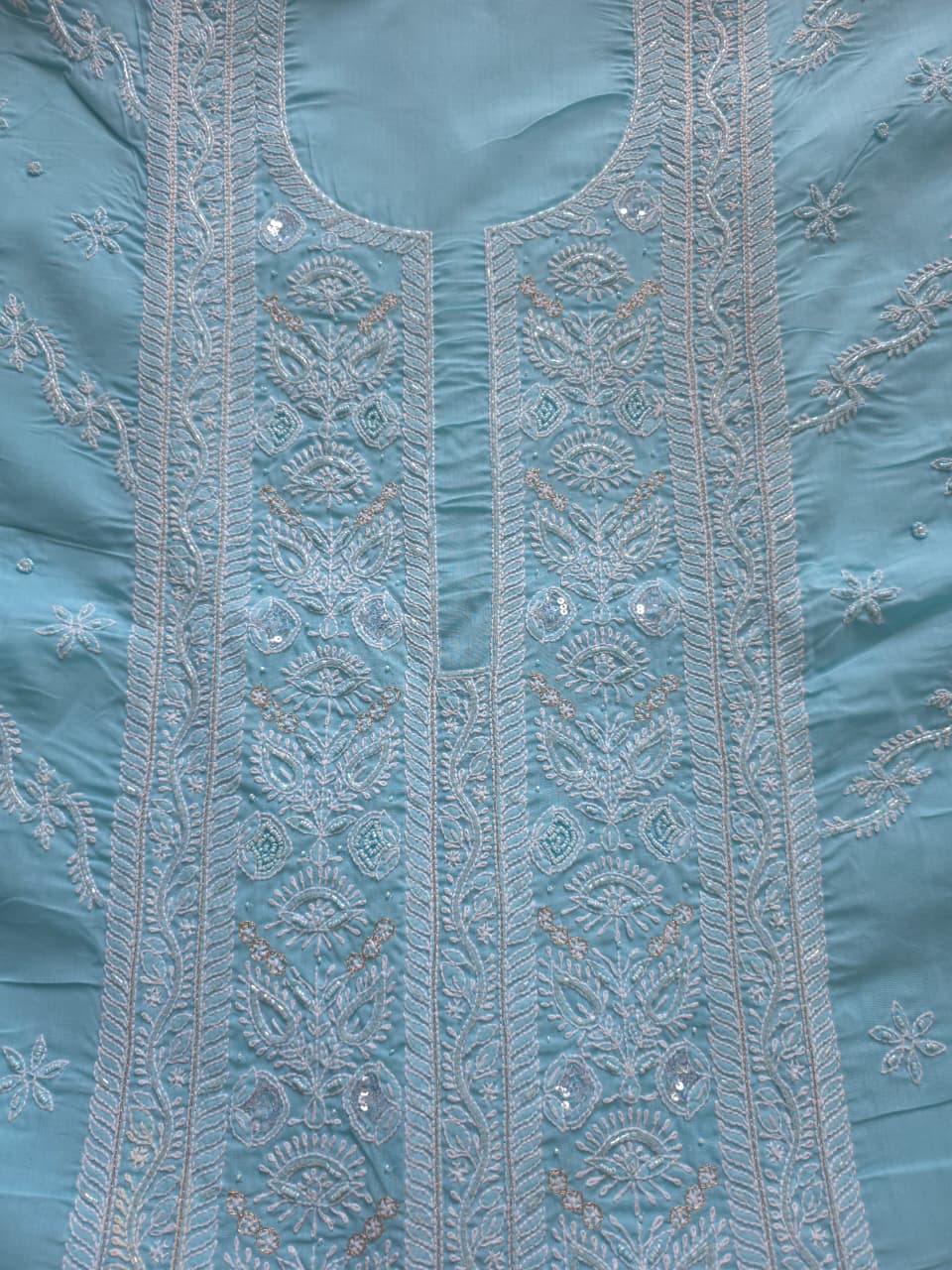 Sky blue Cotton full set with fine handwork and embellishments