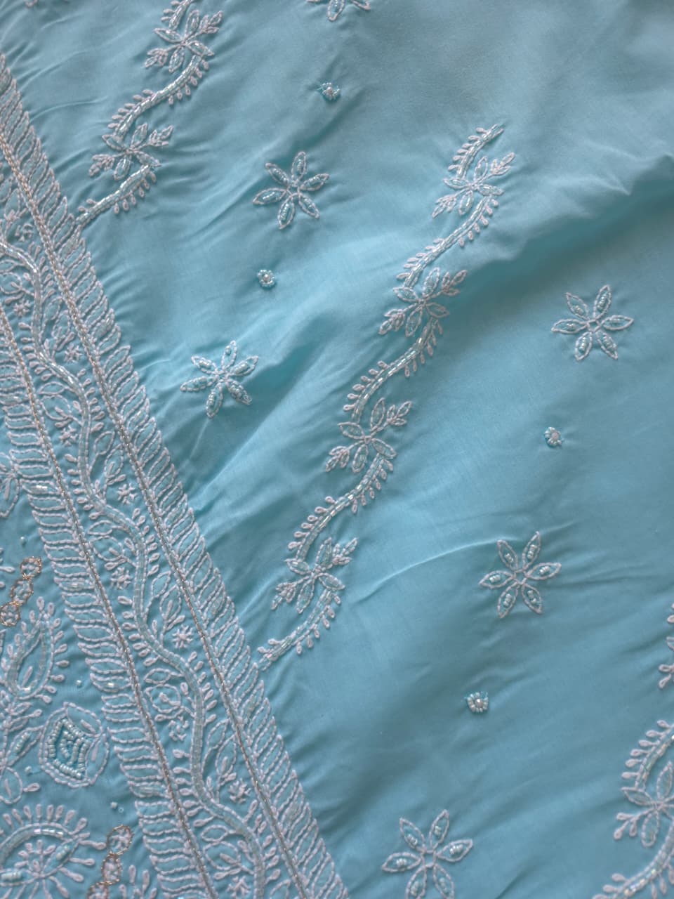 Sky blue Cotton full set with fine handwork and embellishments