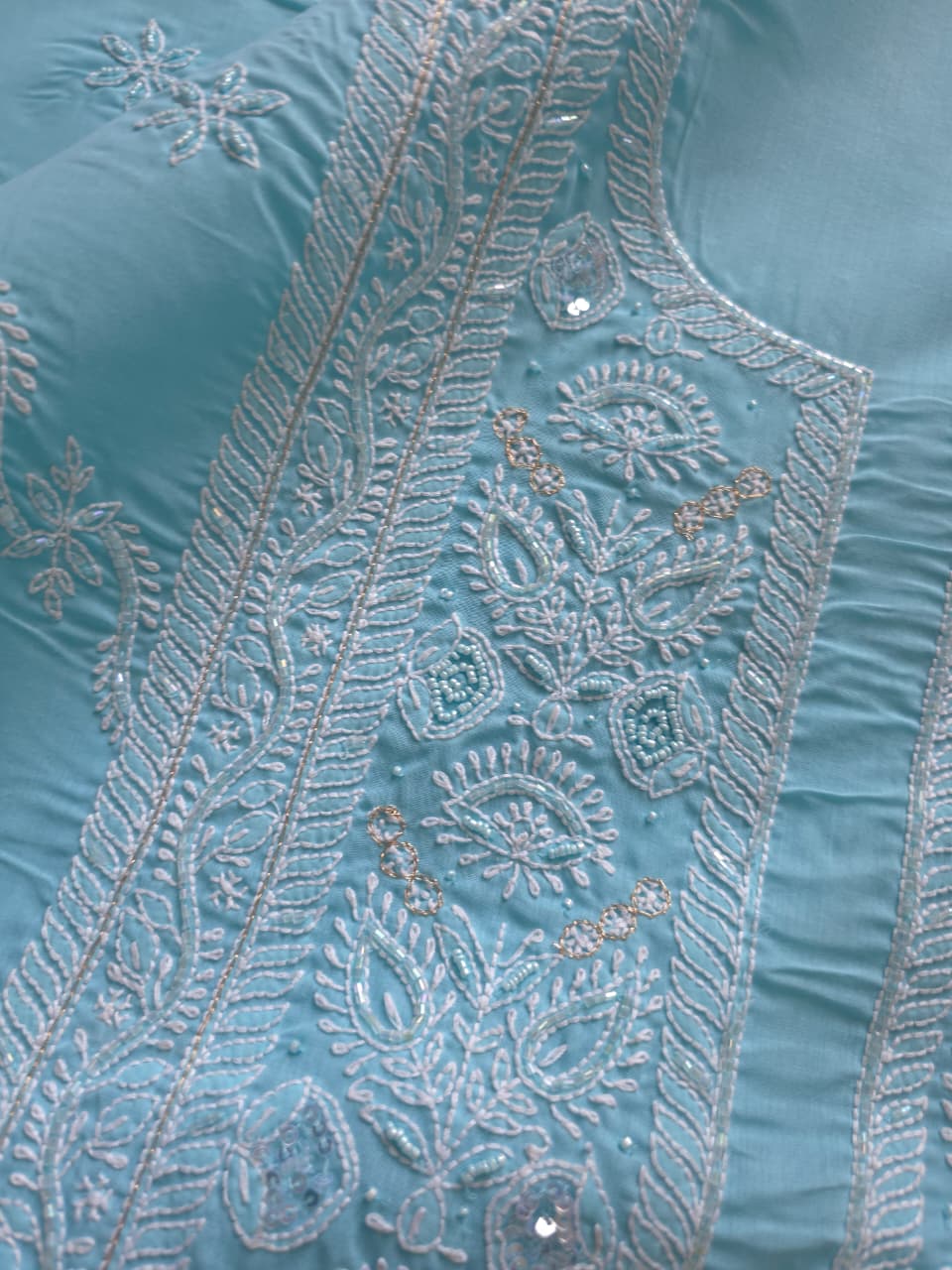 Sky blue Cotton full set with fine handwork and embellishments
