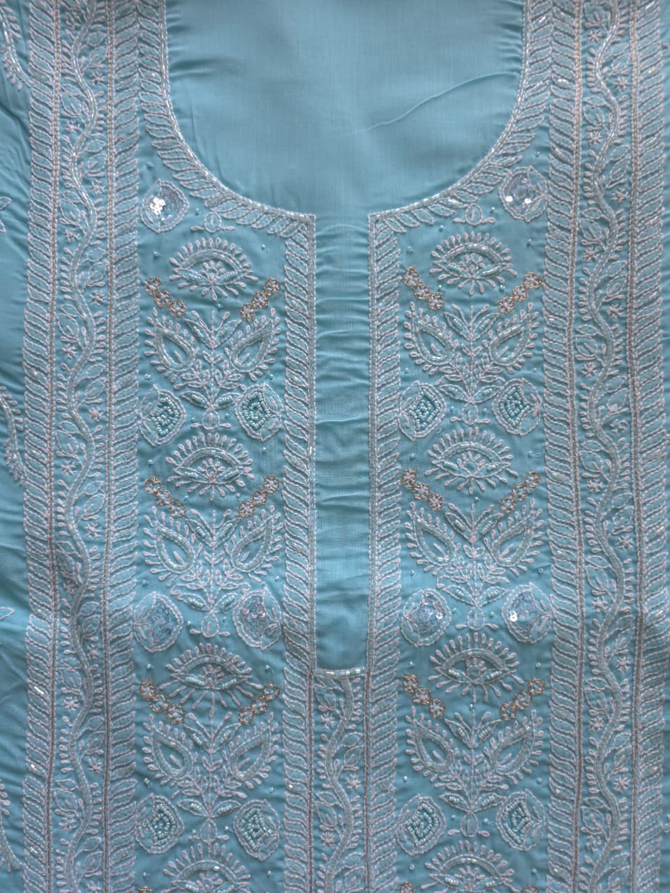 Sky blue Cotton full set with fine handwork and embellishments