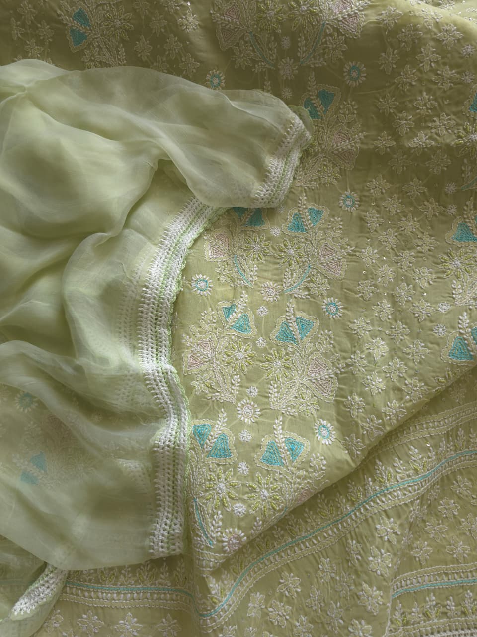 Pista Green cotton full suit with chikankari and embellishments