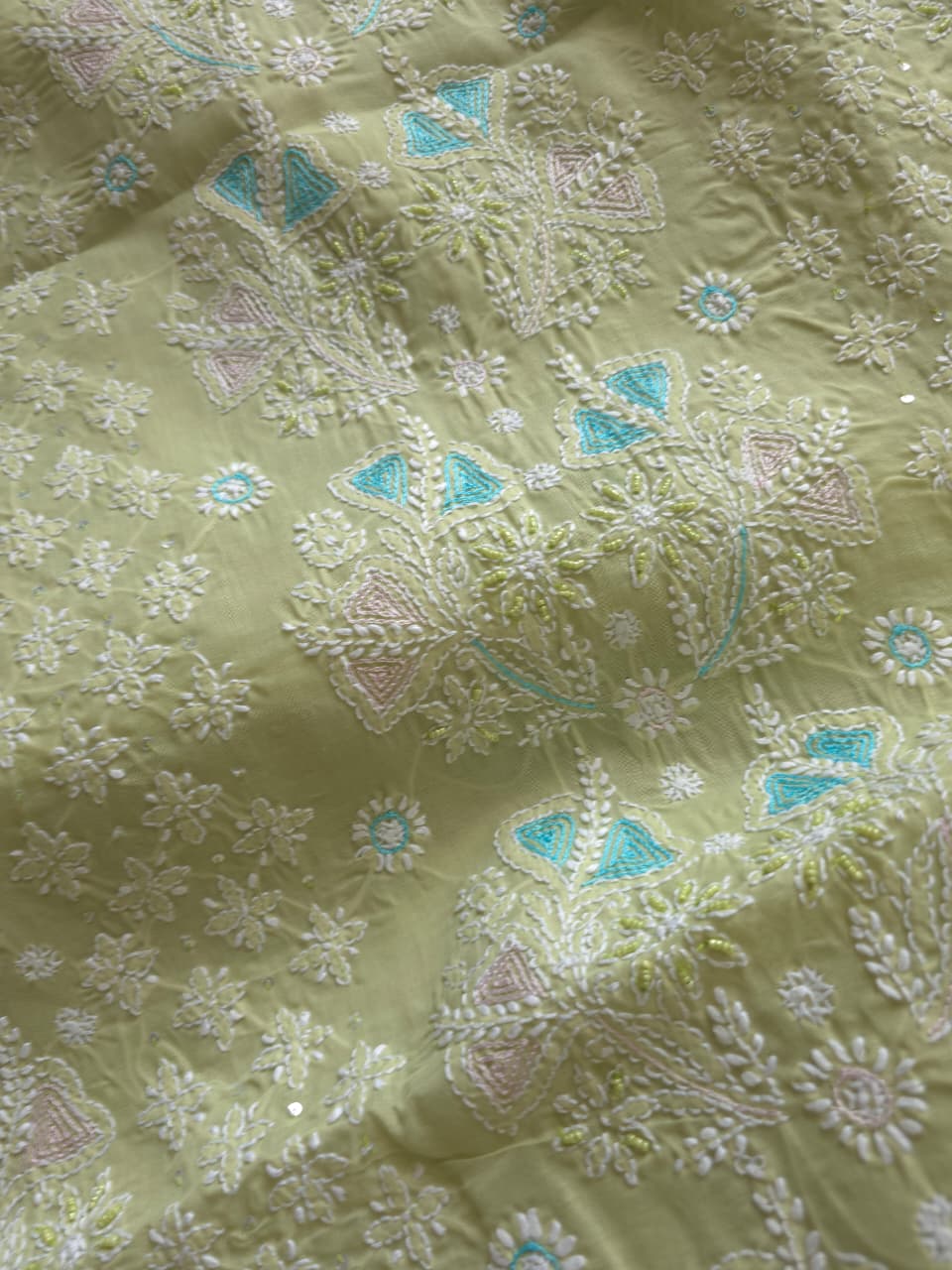 Pista Green cotton full suit with chikankari and embellishments