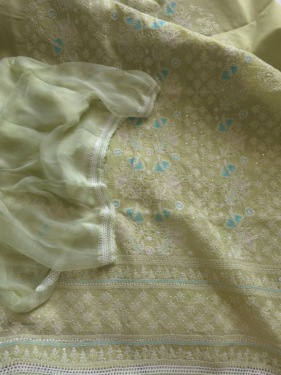 Pista Green cotton full suit with chikankari and embellishments