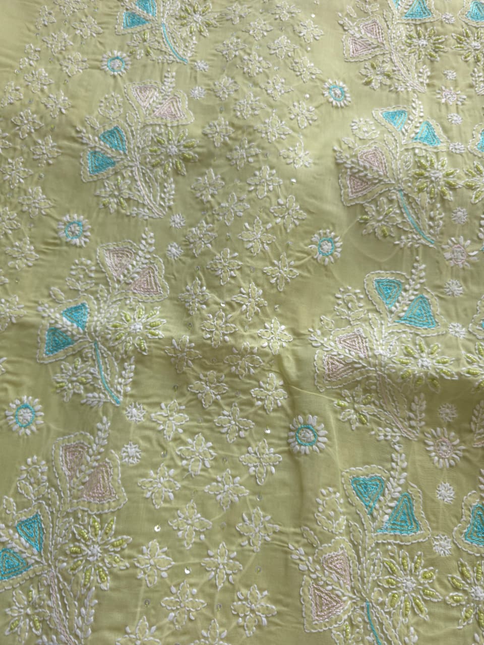 Pista Green cotton full suit with chikankari and embellishments