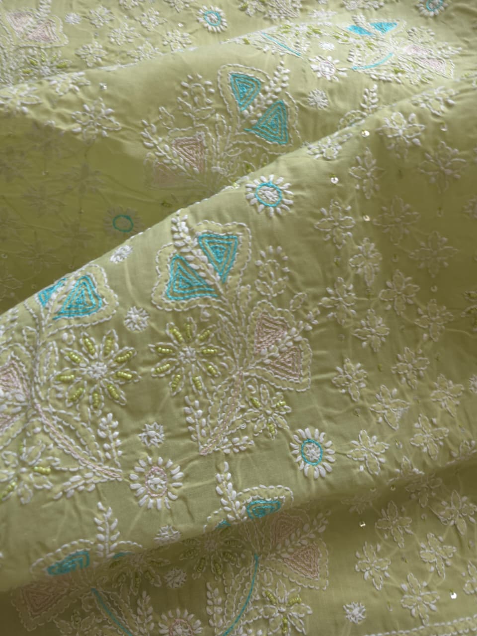 Pista Green cotton full suit with chikankari and embellishments
