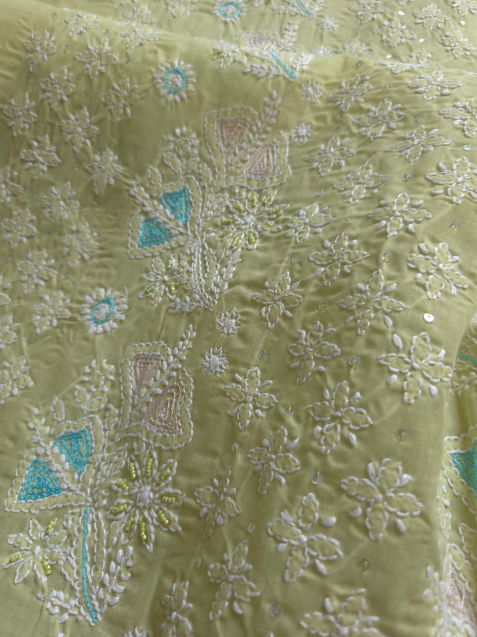 Pista Green cotton full suit with chikankari and embellishments