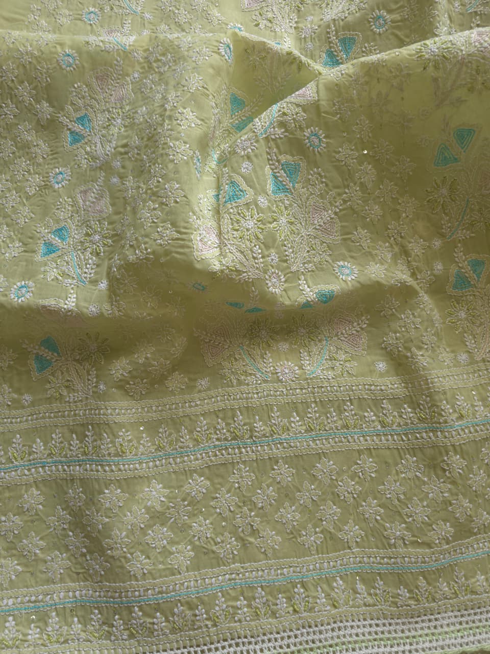 Pista Green cotton full suit with chikankari and embellishments