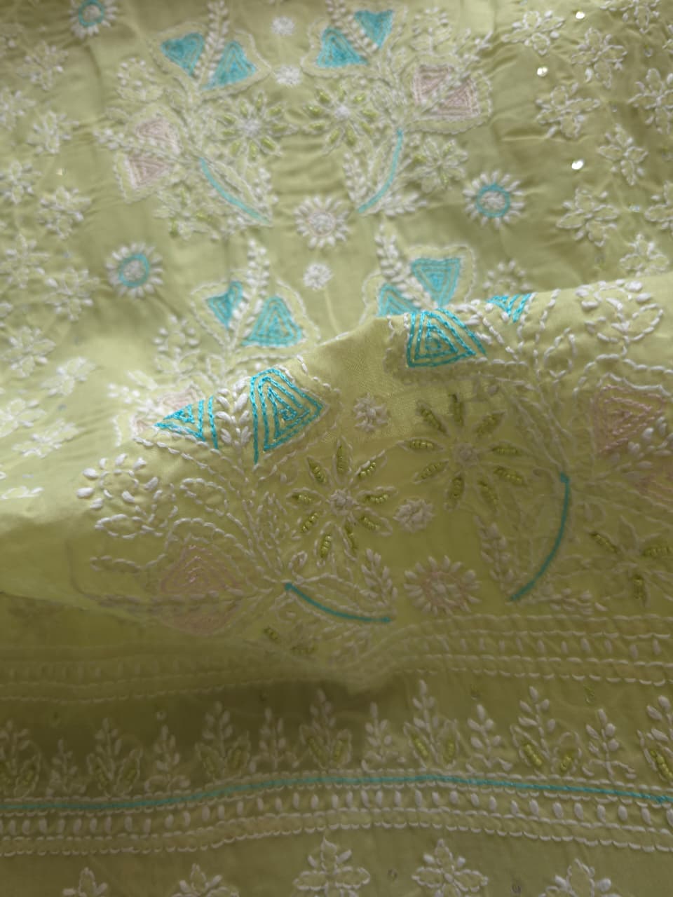 Pista Green cotton full suit with chikankari and embellishments