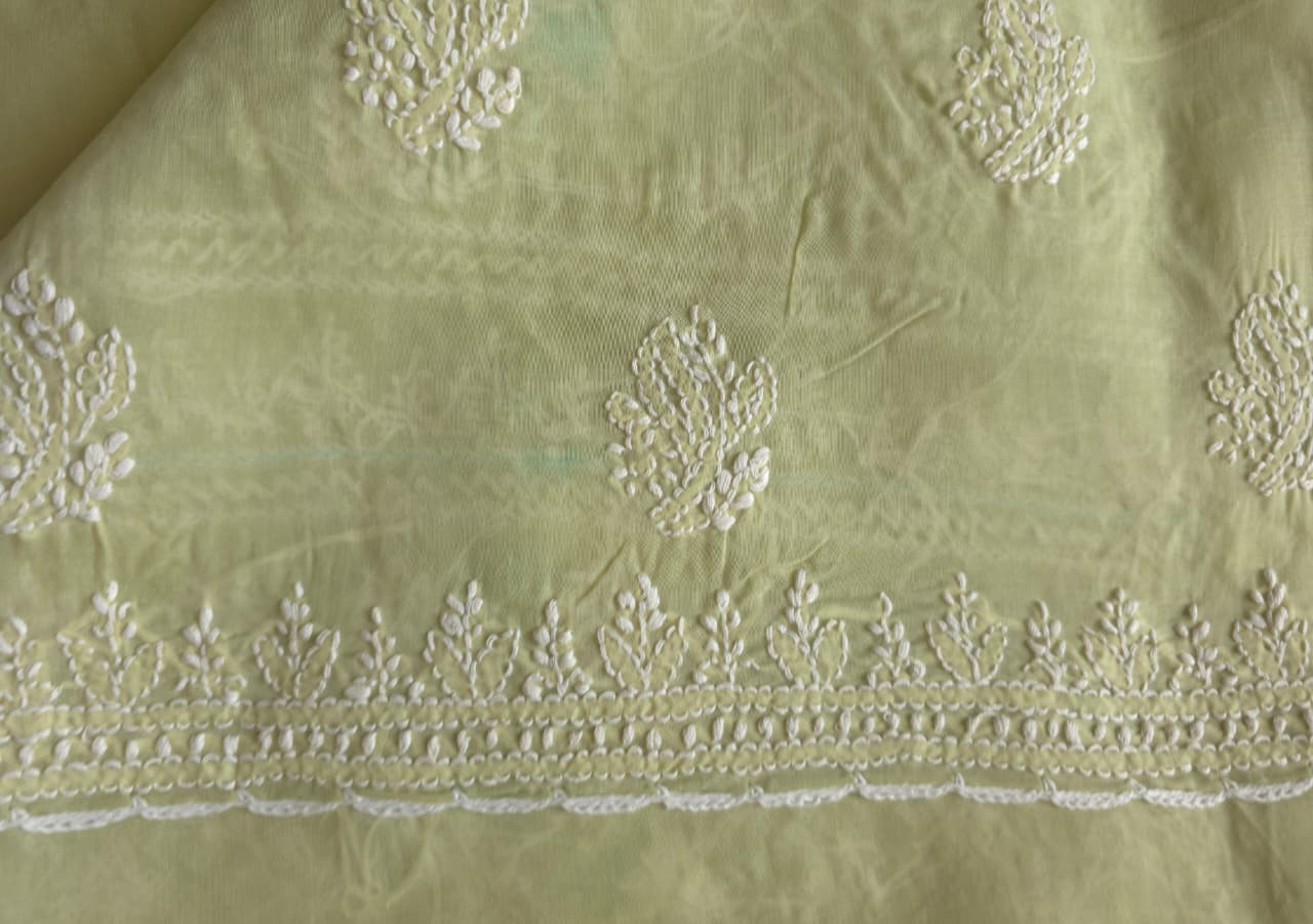 Pista Green cotton full suit with chikankari and embellishments