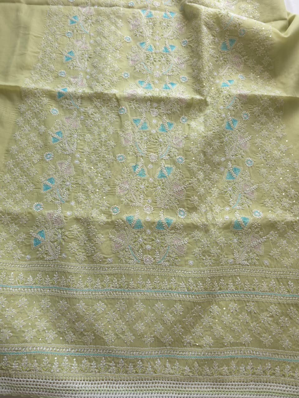 Pista Green cotton full suit with chikankari and embellishments