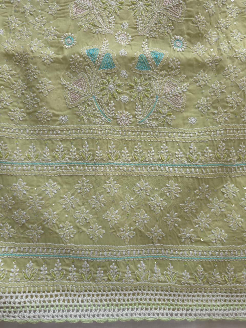 Pista Green cotton full suit with chikankari and embellishments