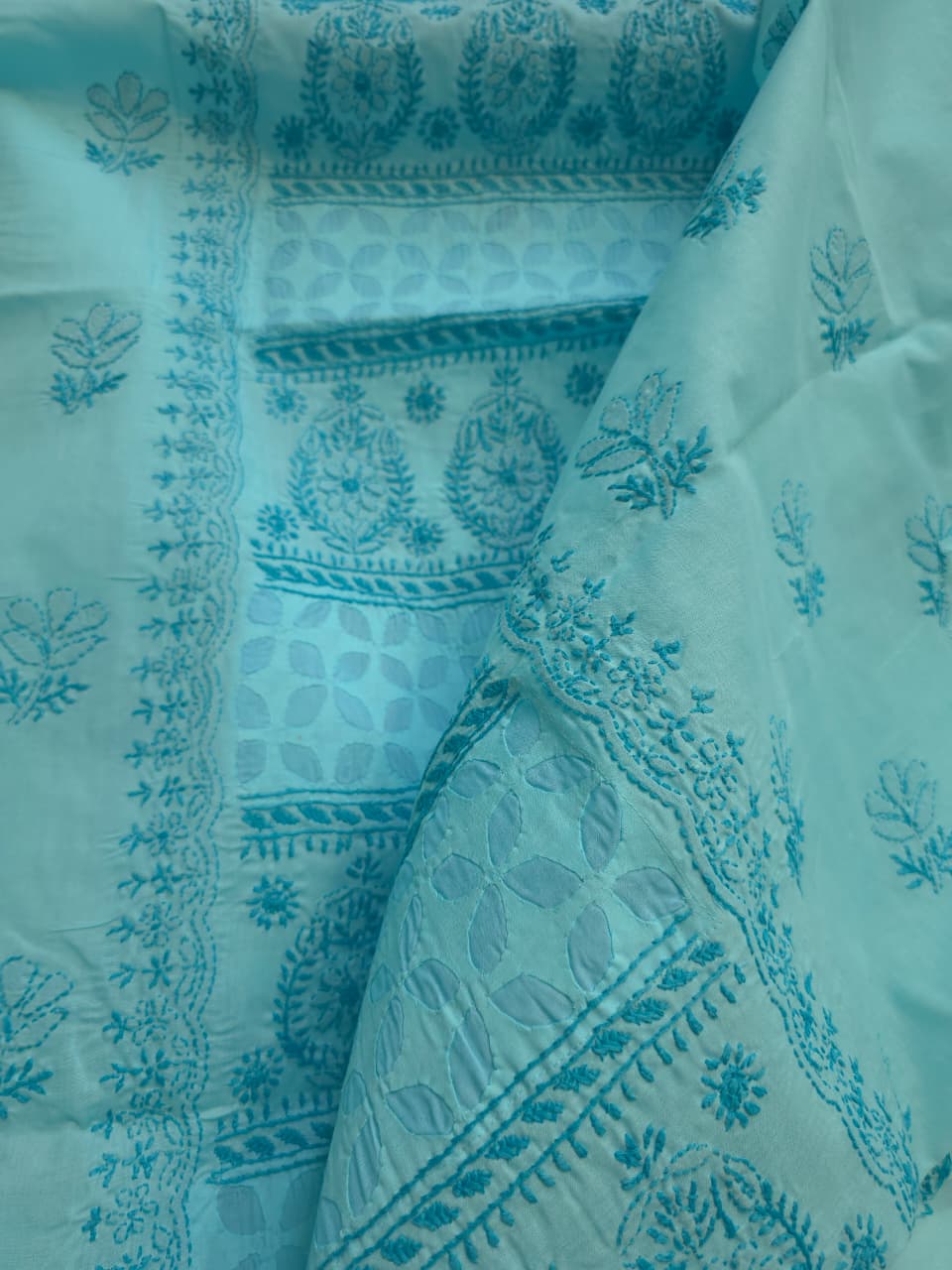 Blue Cotton full set with chikankari and Applique work