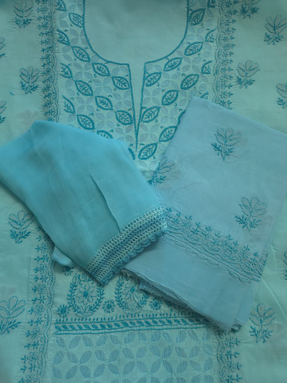Blue Cotton full set with chikankari and Applique work