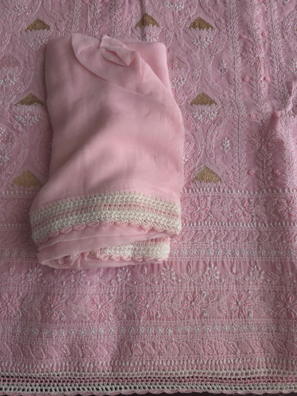 Rose Pink cotton Full set with Heavy chikankari and embellishments