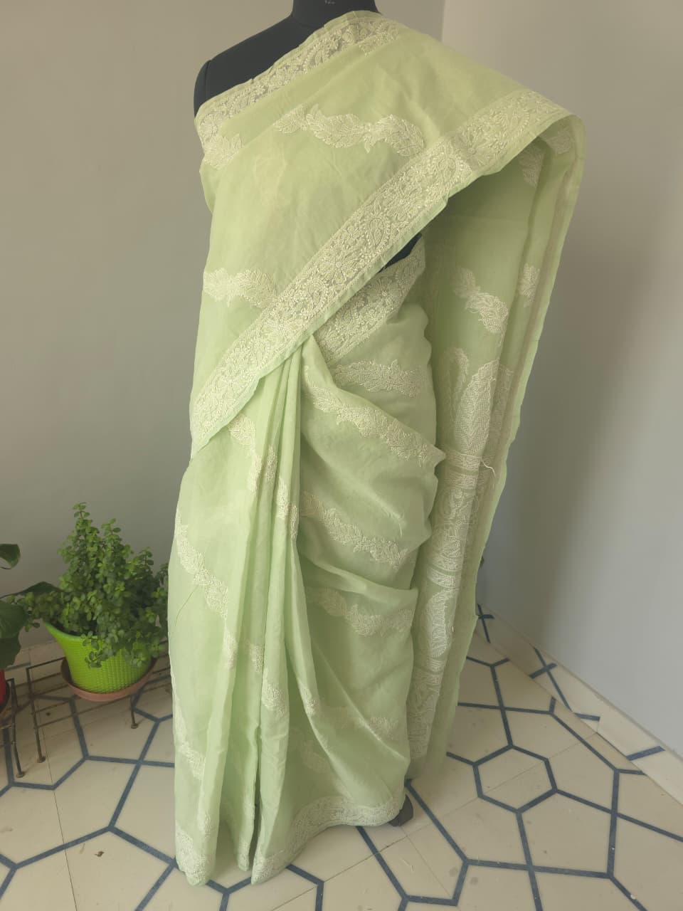 Sage Green Cotton Saree with Beautiful chikankari