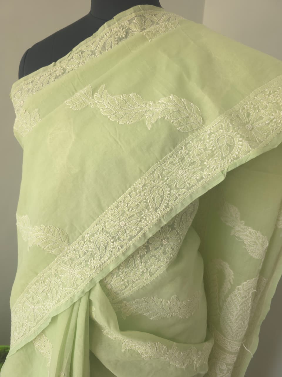 Sage Green Cotton Saree with Beautiful chikankari
