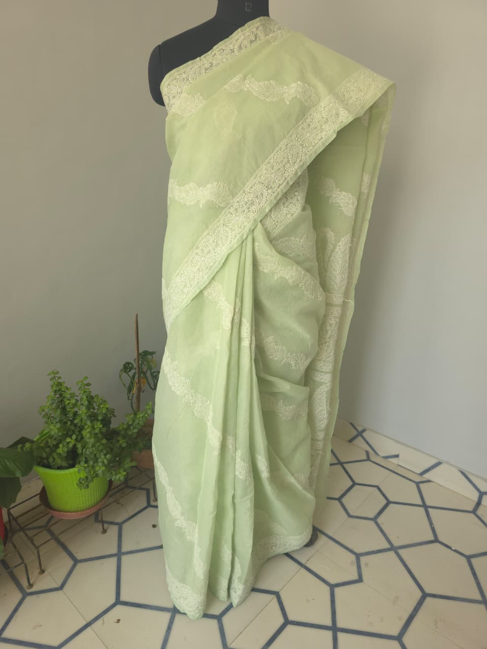 Sage Green Cotton Saree with Beautiful chikankari