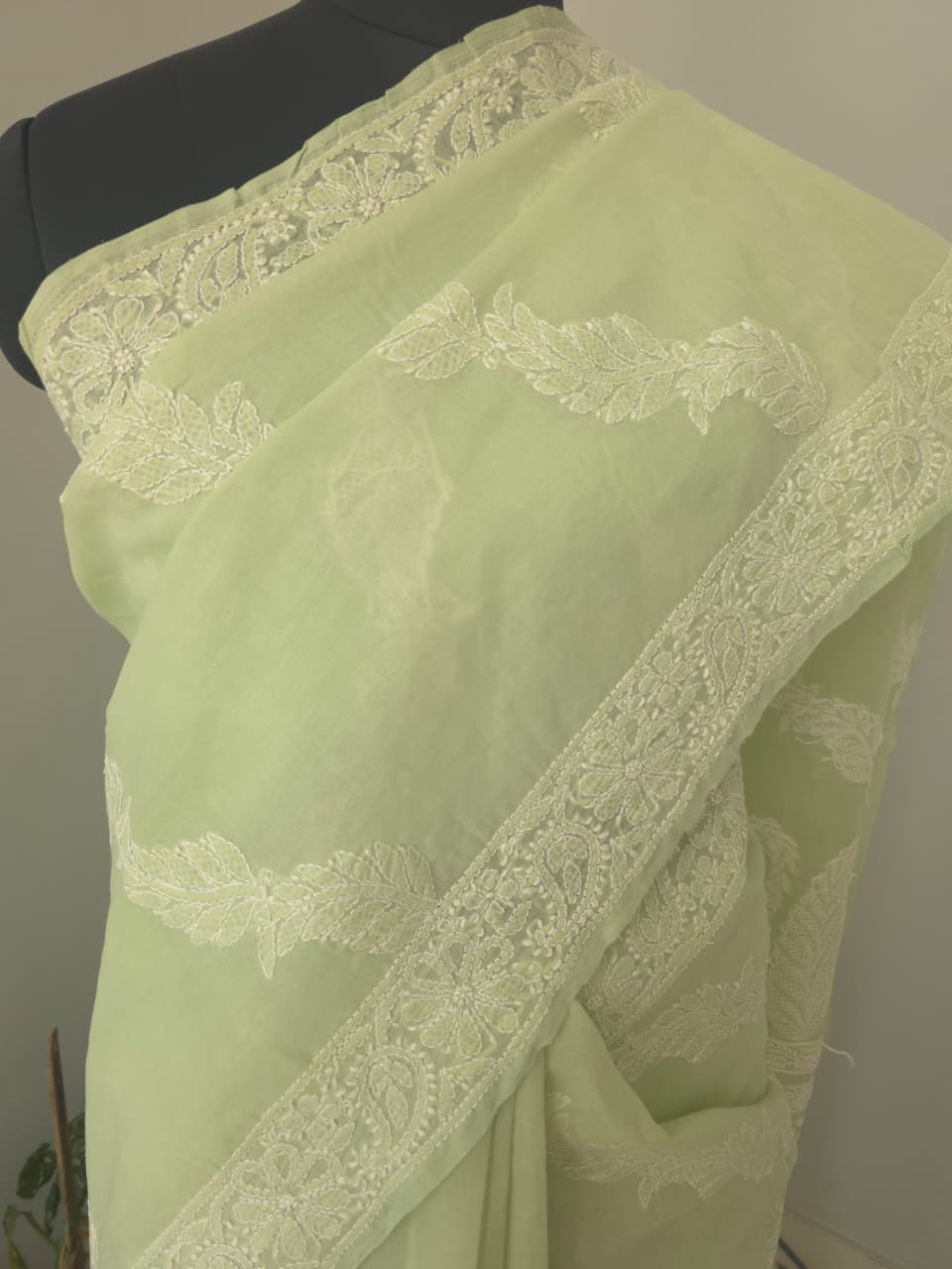 Sage Green Cotton Saree with Beautiful chikankari