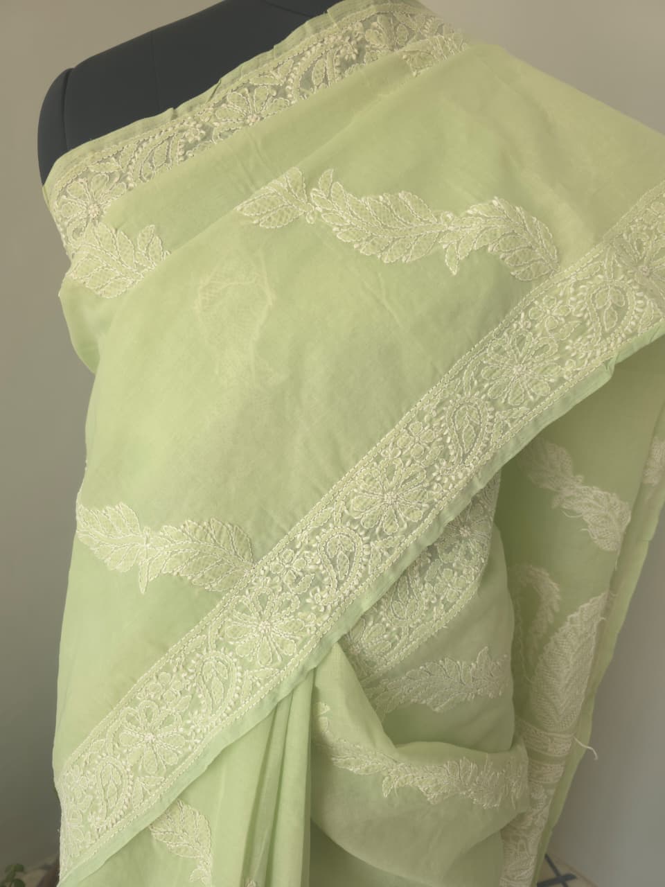 Sage Green Cotton Saree with Beautiful chikankari