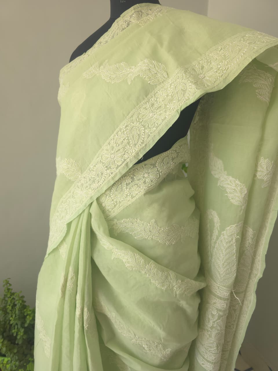 Sage Green Cotton Saree with Beautiful chikankari