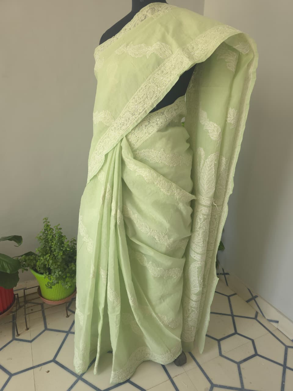 Sage Green Cotton Saree with Beautiful chikankari