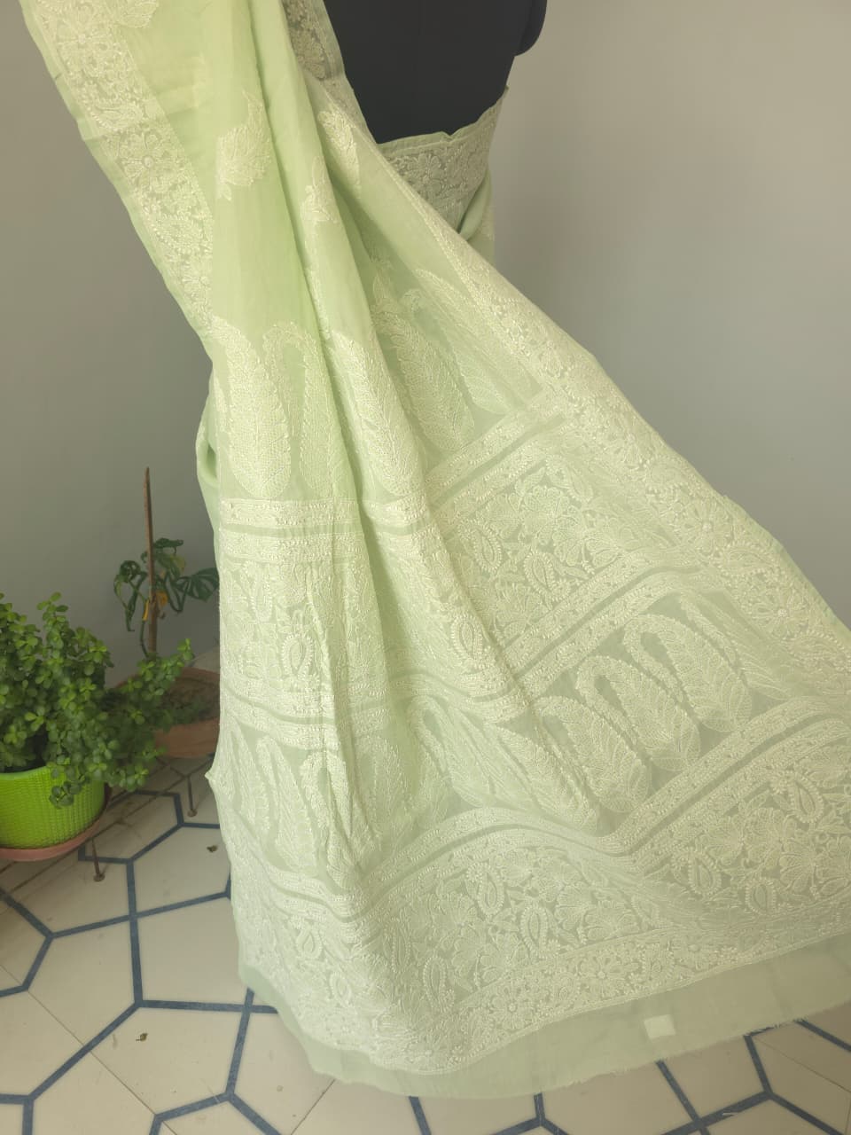 Sage Green Cotton Saree with Beautiful chikankari