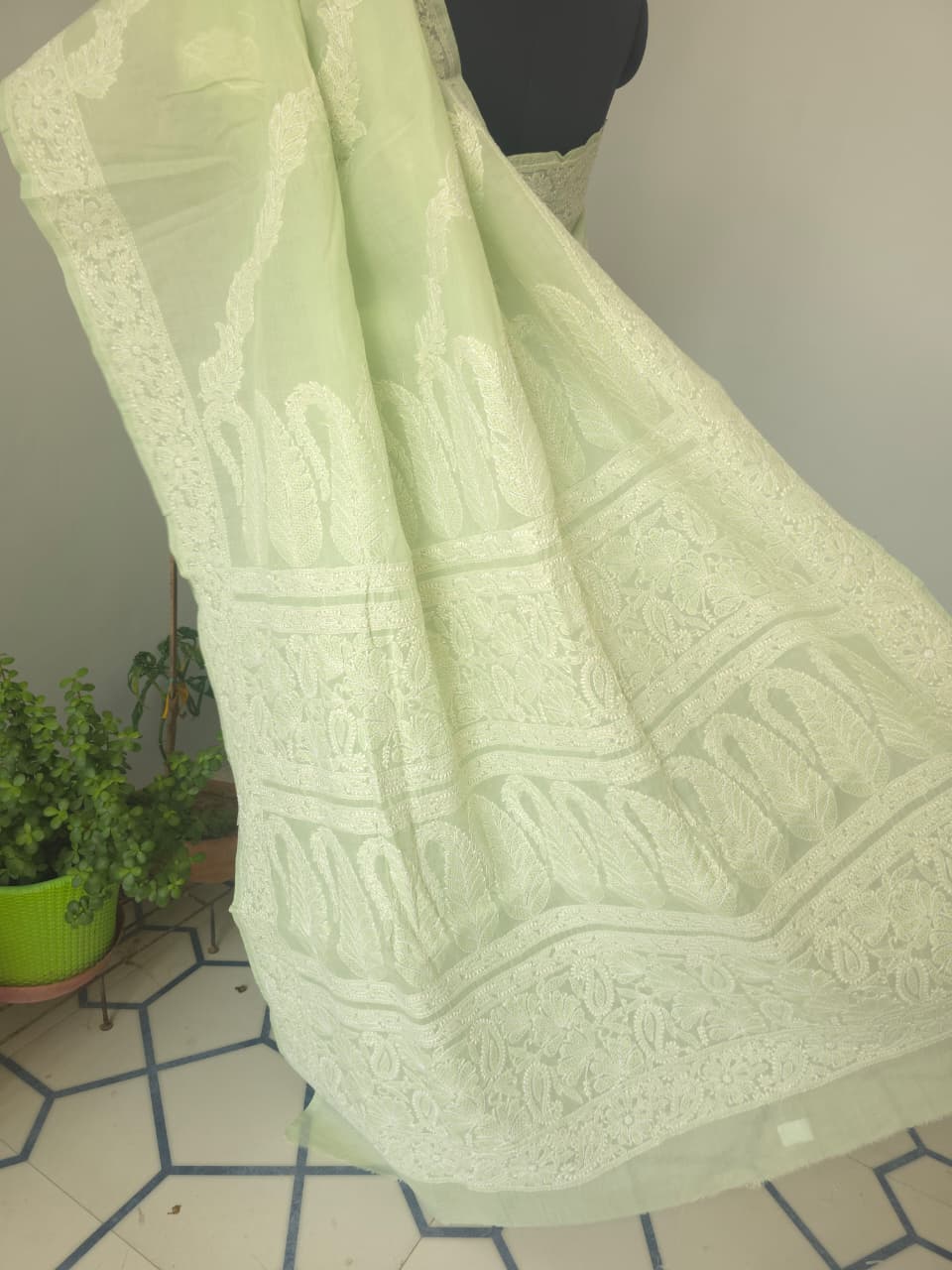 Sage Green Cotton Saree with Beautiful chikankari