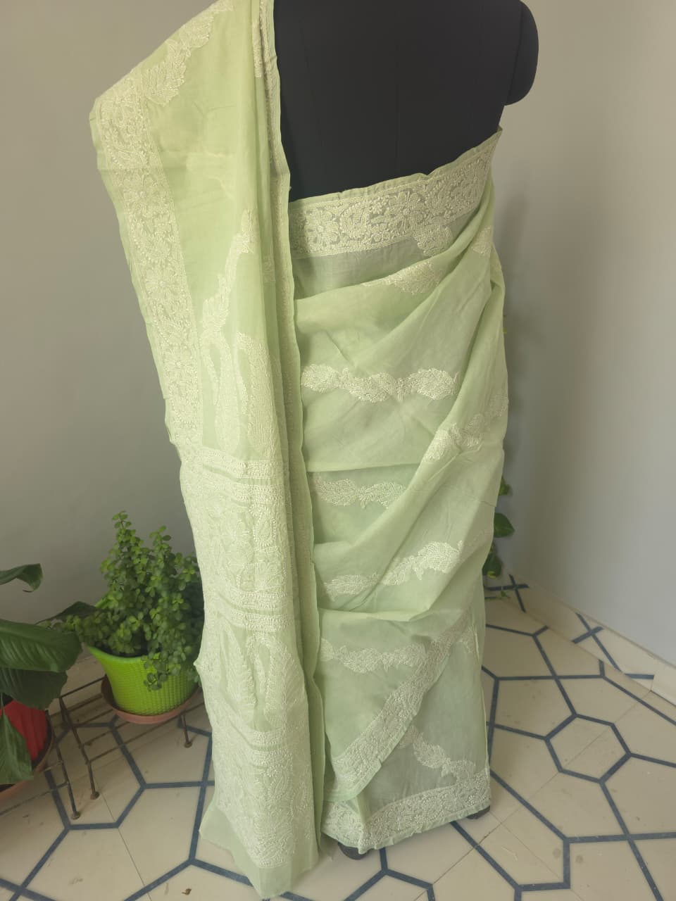 Sage Green Cotton Saree with Beautiful chikankari