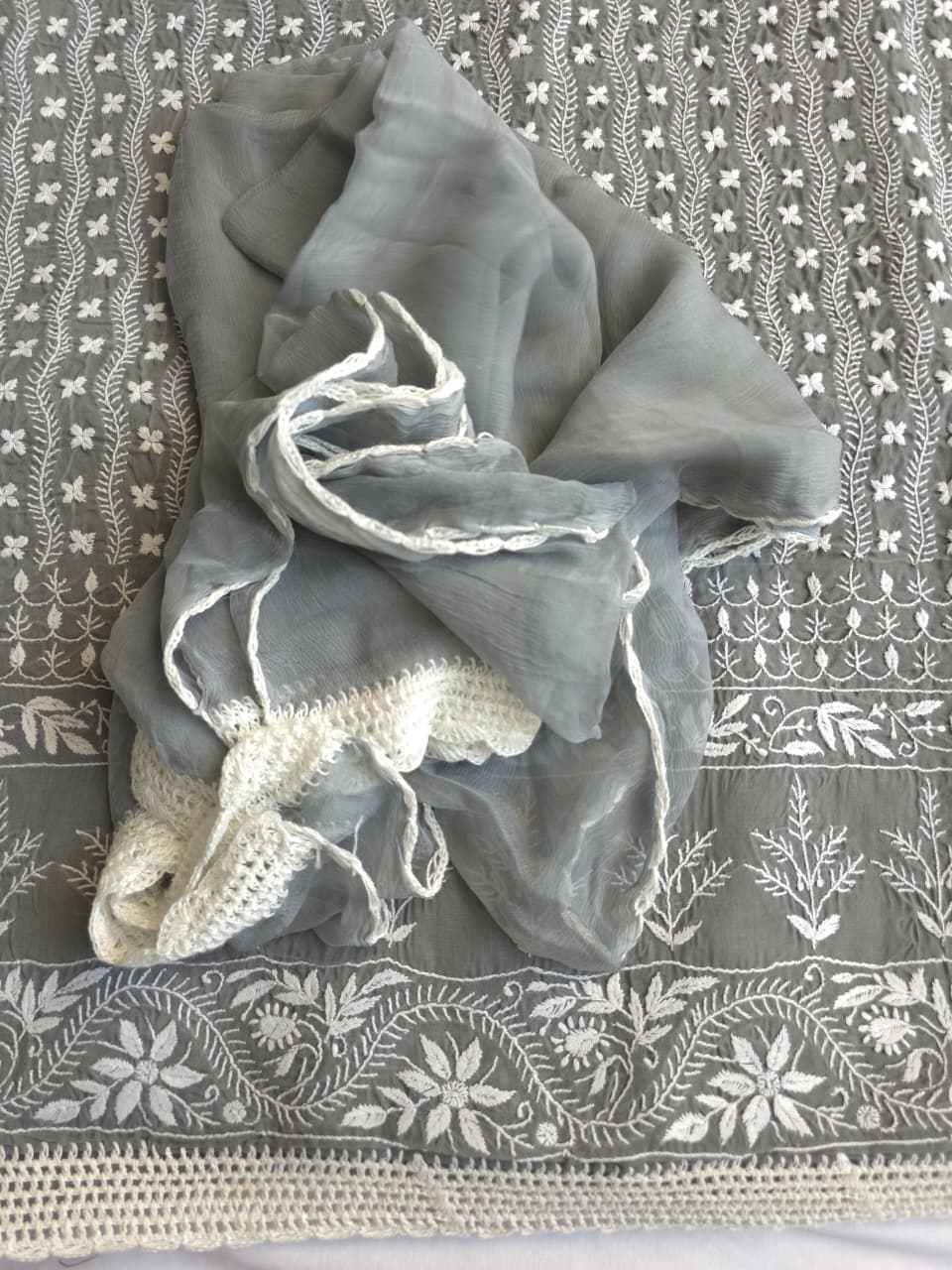 Grey cotton full set with extremely fine chikankari work