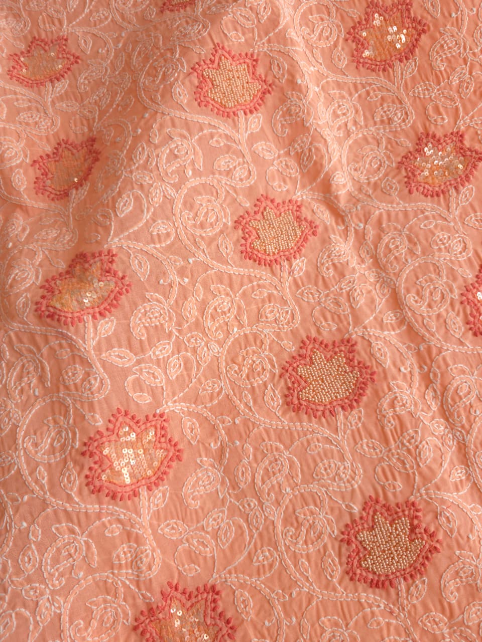 Peach and orange combination cotton kurta fabric with sequins work