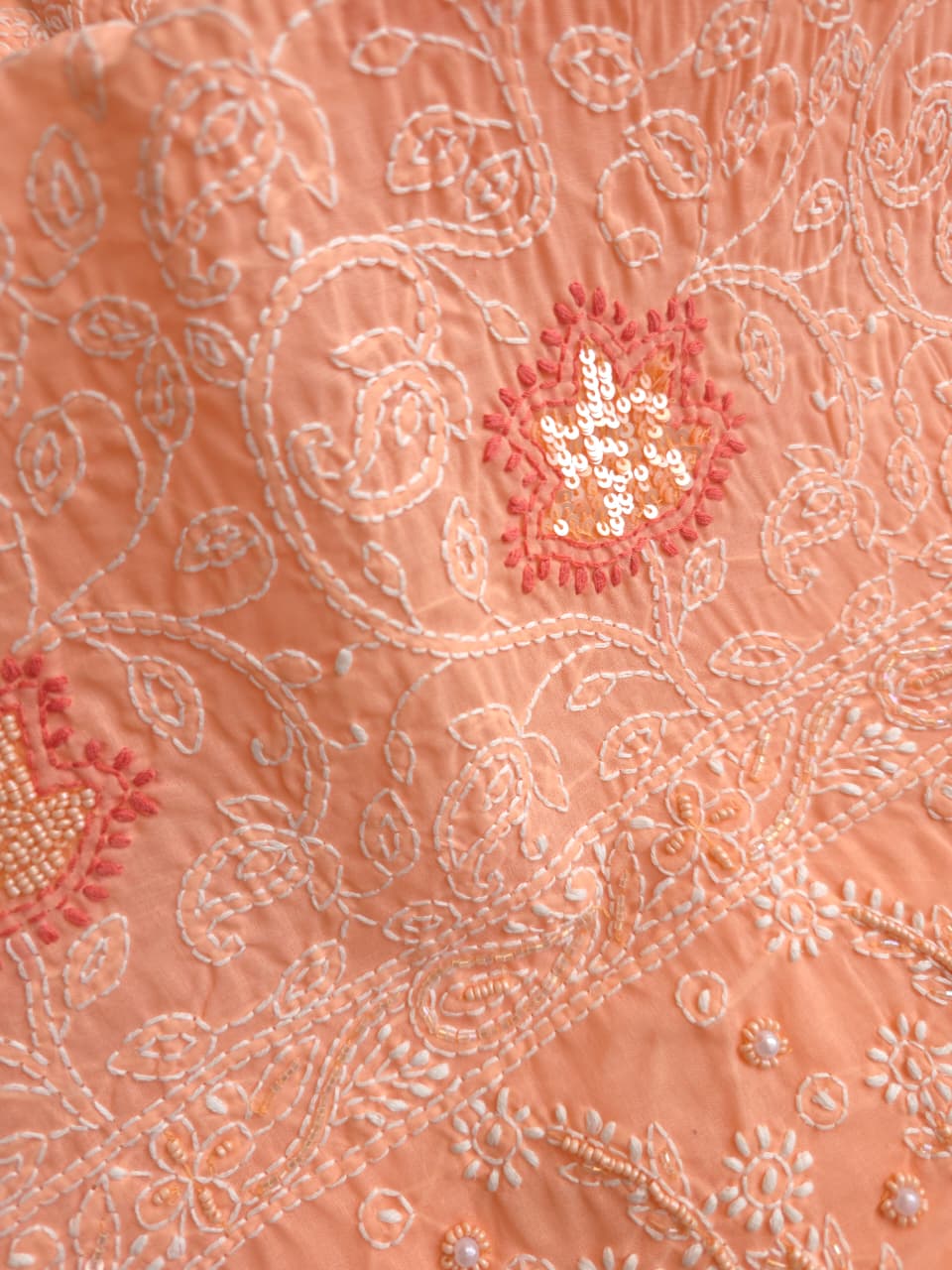 Peach and orange combination cotton kurta fabric with sequins work