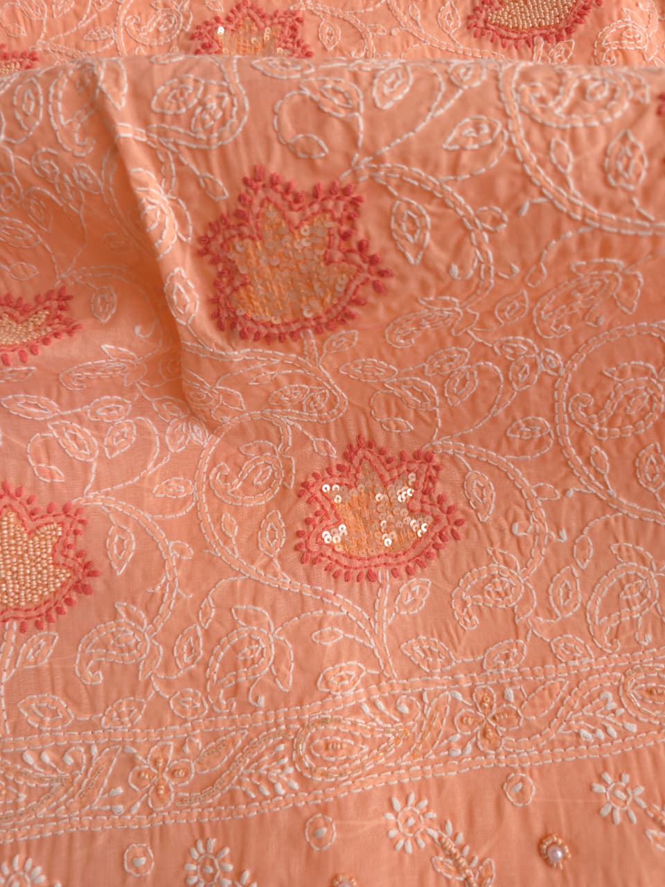 Peach and orange combination cotton kurta fabric with sequins work