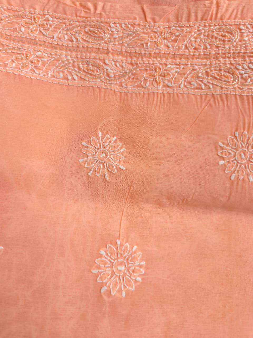 Peach and orange combination cotton kurta fabric with sequins work