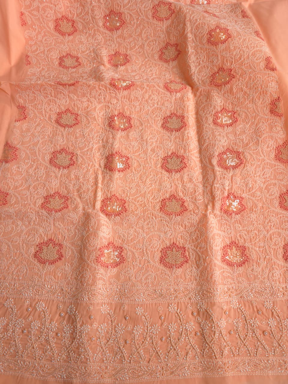 Peach and orange combination cotton kurta fabric with sequins work