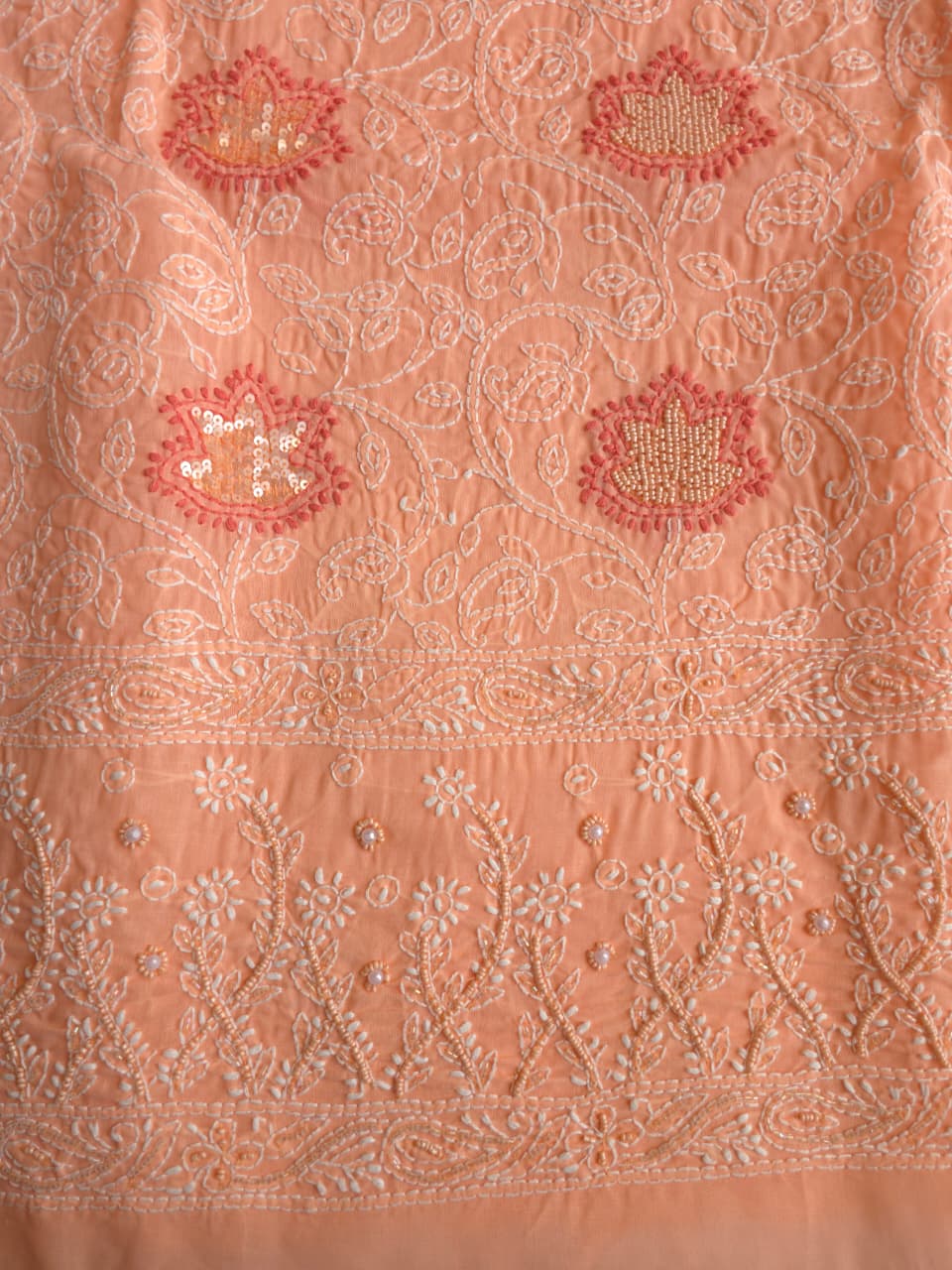 Peach and orange combination cotton kurta fabric with sequins work