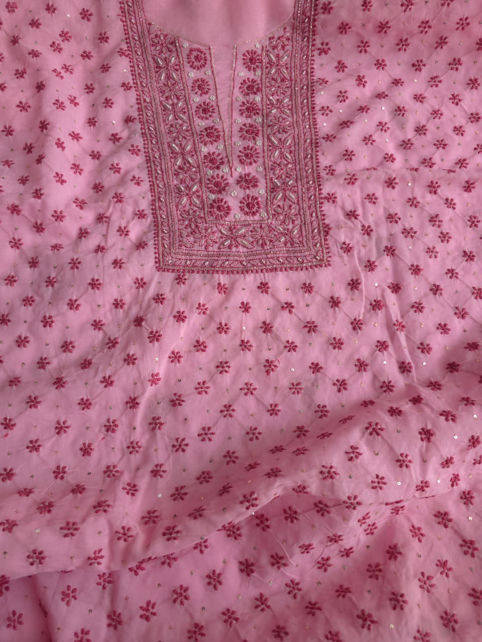 Pink soft cotton kurta fabric with dark pink chiakankari and embellishments