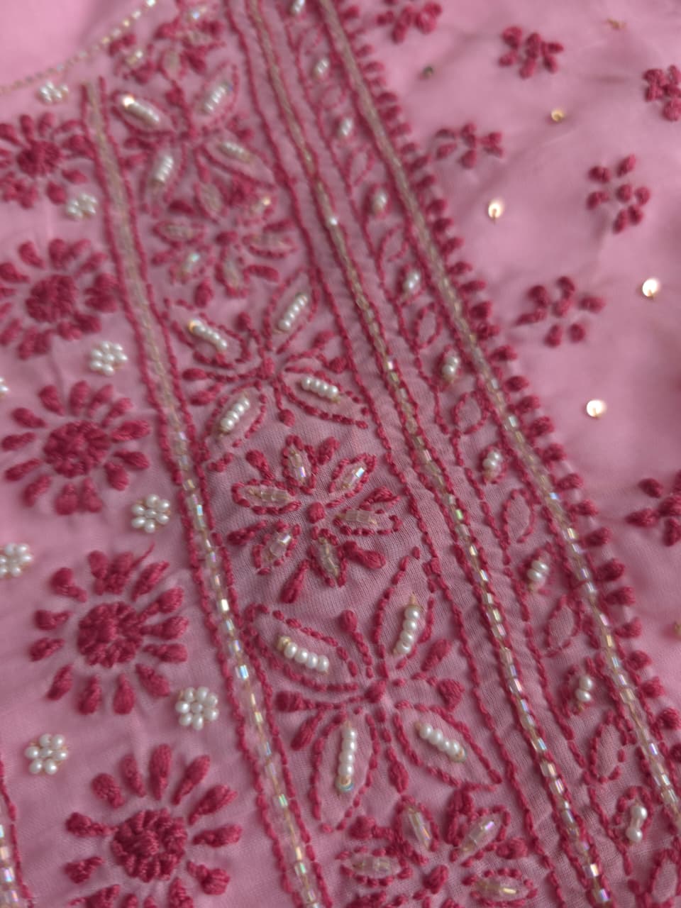 Pink soft cotton kurta fabric with dark pink chiakankari and embellishments