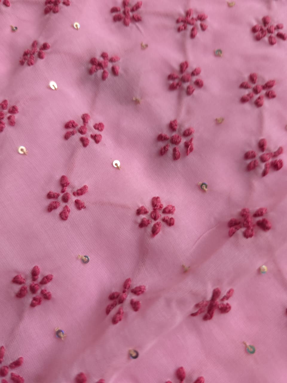 Pink soft cotton kurta fabric with dark pink chiakankari and embellishments