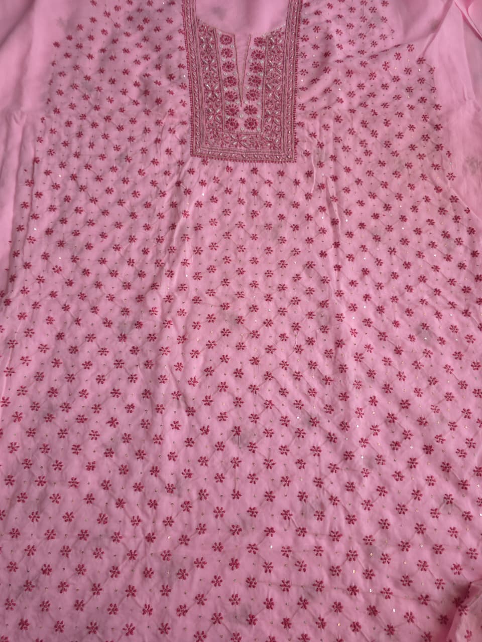 Pink soft cotton kurta fabric with dark pink chiakankari and embellishments