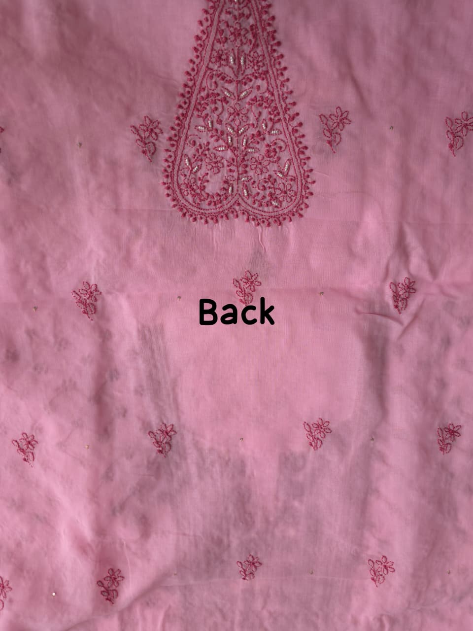 Pink soft cotton kurta fabric with dark pink chiakankari and embellishments