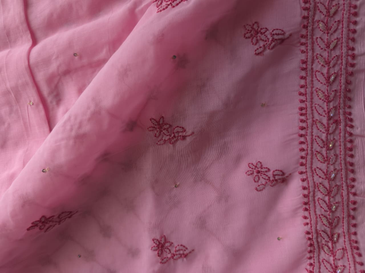 Pink soft cotton kurta fabric with dark pink chiakankari and embellishments