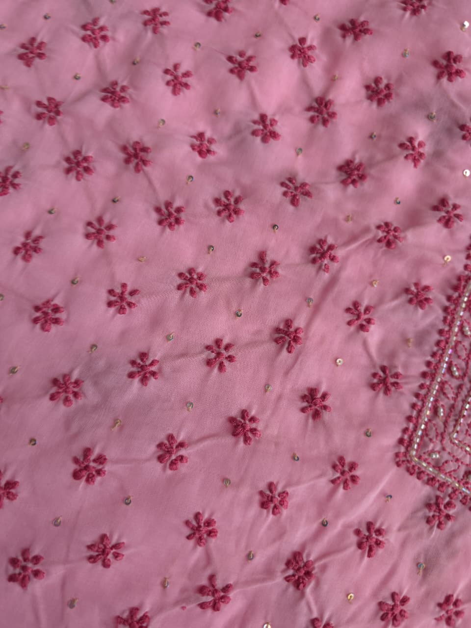 Pink soft cotton kurta fabric with dark pink chiakankari and embellishments