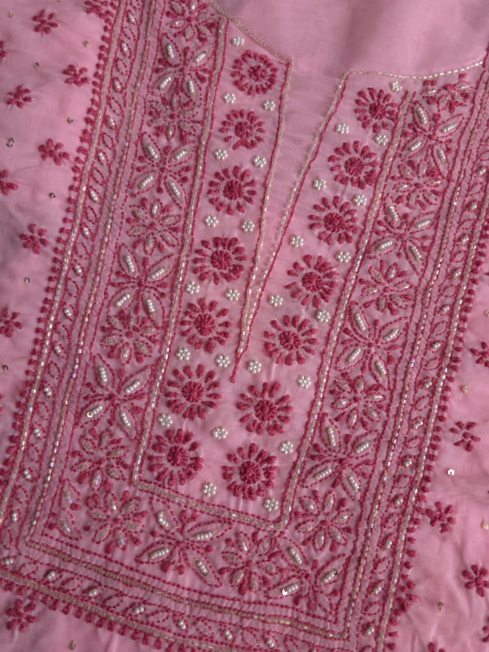 Pink soft cotton kurta fabric with dark pink chiakankari and embellishments