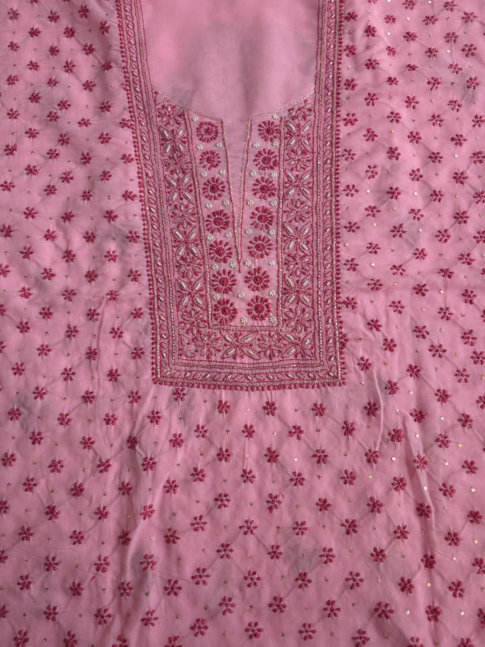 Pink soft cotton kurta fabric with dark pink chiakankari and embellishments
