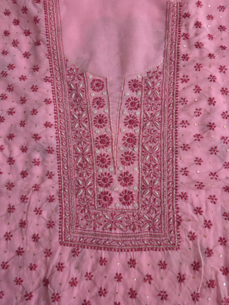Image of Pink soft cotton kurta fabric with dark pink chiakankari and embellishments