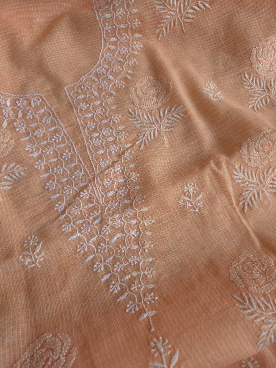 Peach kota cotton kurta fabric with fine rose motifs