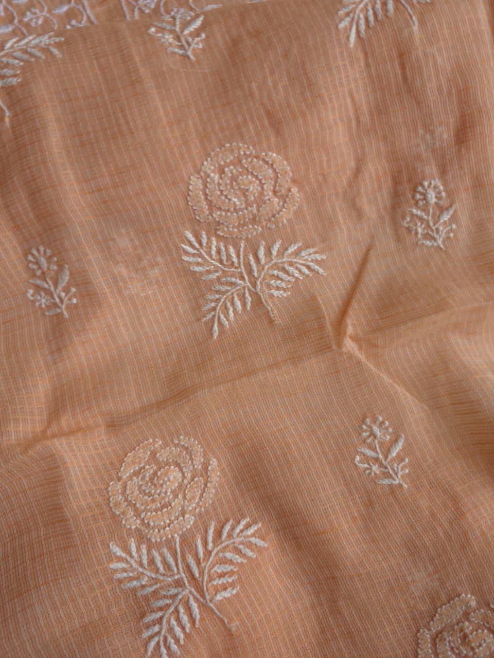 Peach kota cotton kurta fabric with fine rose motifs